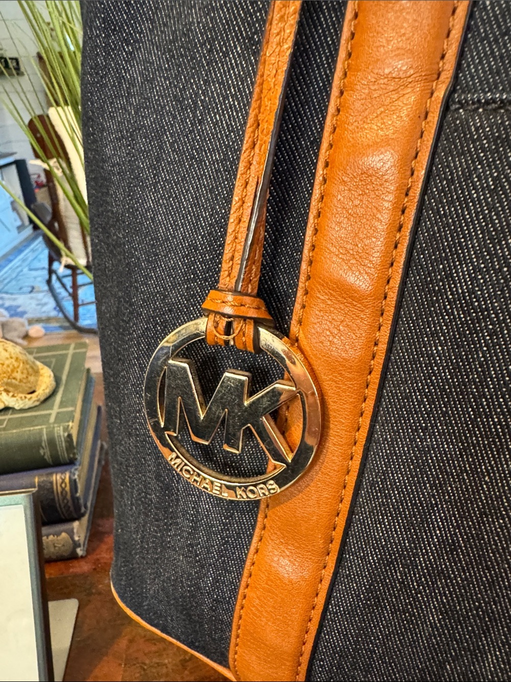 Michael Kors Navy Denim Tote with Tan Leather Trim - Picture 2 of 14